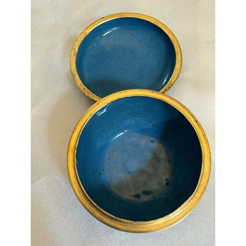 Vintage Bird Deer Cloisonné Blue Enamel On Brass Trinket or Pill Box Round